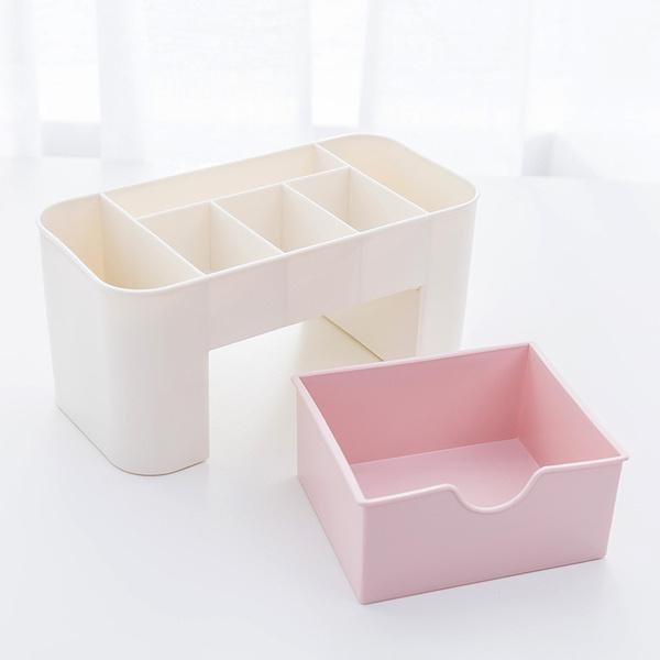 Plastic Cosmetic Storage Box Organizers Desktop Space Saving Makeup Organizer - Color: White & Pink