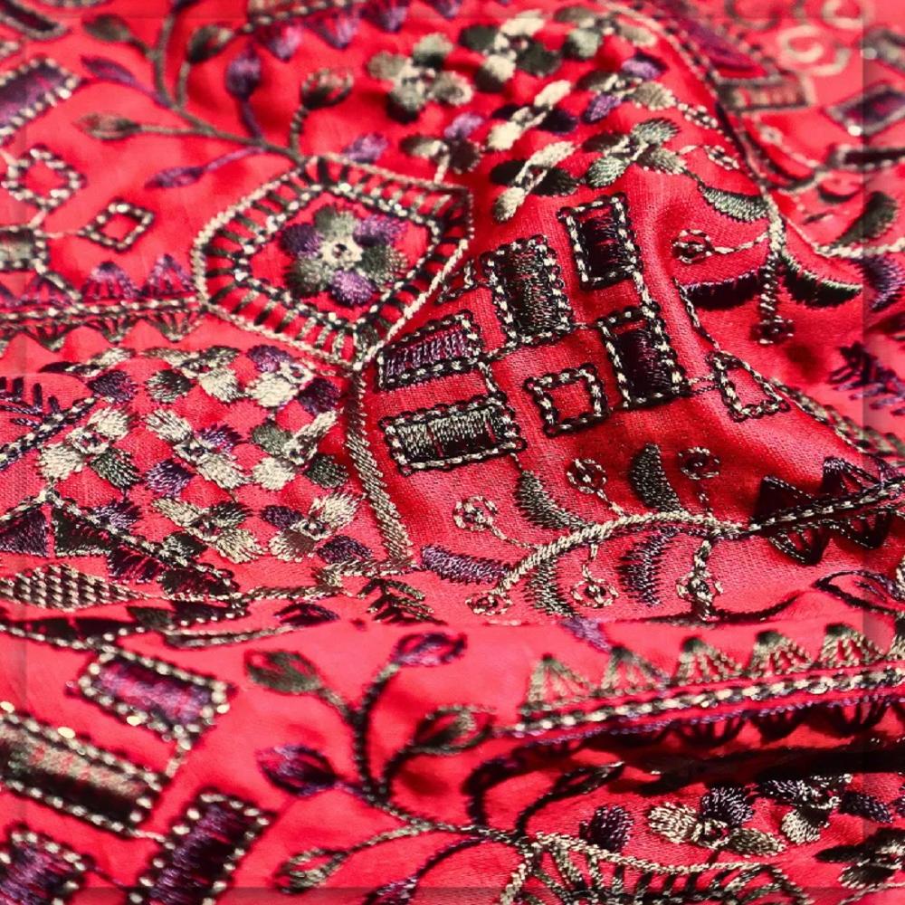 Red Linen Satin Embroidered Fabric developed for men's sherwani, weddingwear and festive occasionwear.