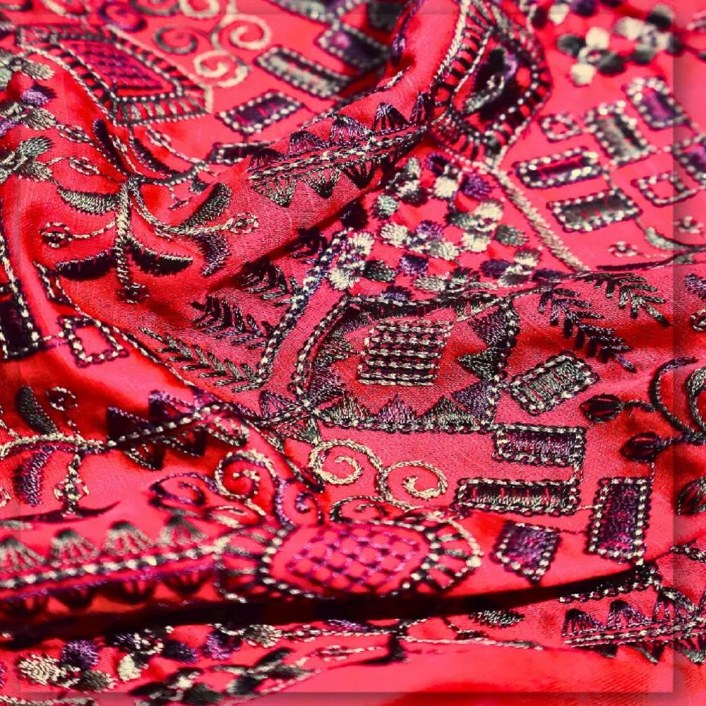 Red Linen Satin Embroidered Fabric developed for men's sherwani, weddingwear and festive occasionwear.