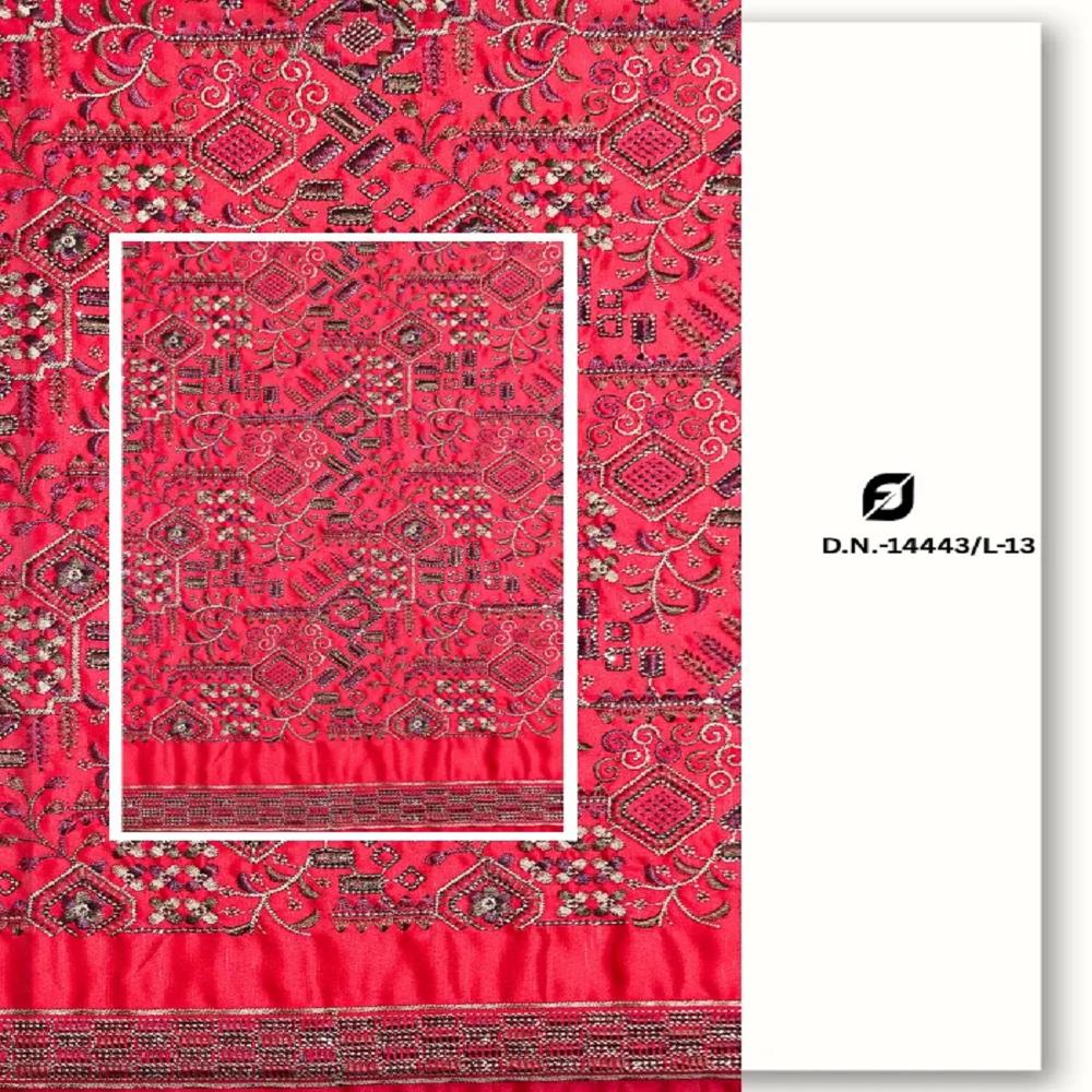 Red Linen Satin Embroidered Fabric developed for men's sherwani, weddingwear and festive occasionwear.