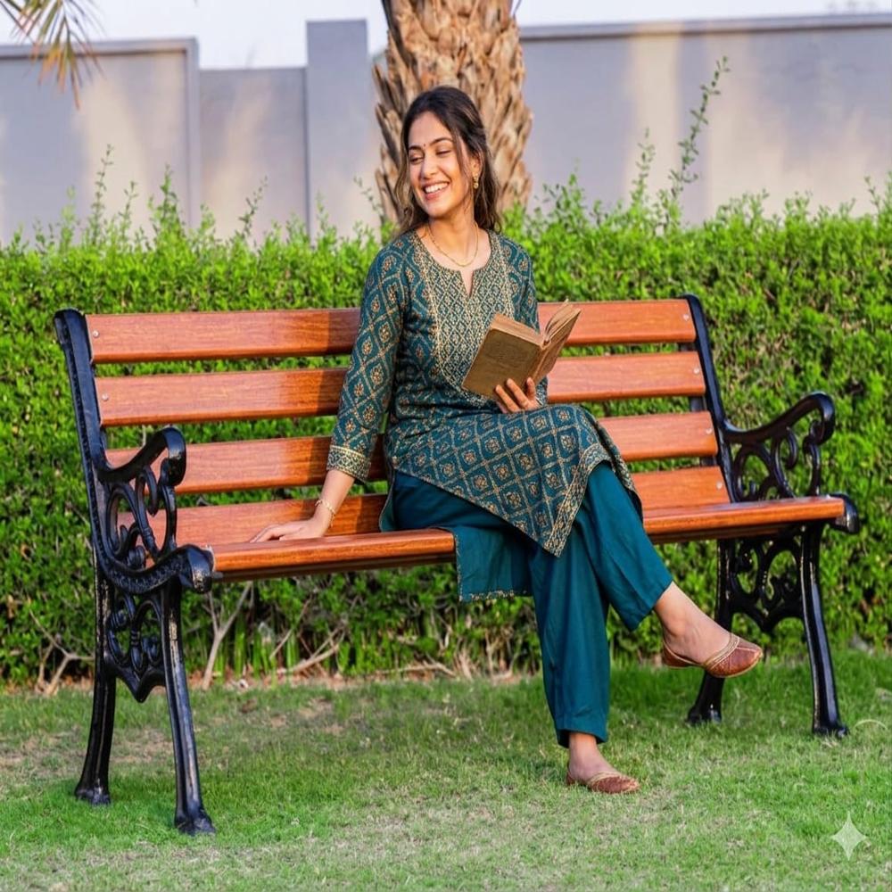 3 Seater Outdoor Frp Garden Bench - Color: Wooden Brown With Black Legs