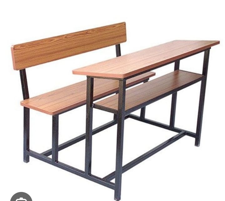 School Desk Bench - Solid Wood & Mild Steel, 48x15x30 Inches, Natural Wood & Grey | Two-seater, Storage Shelf, Knock-down Assembly