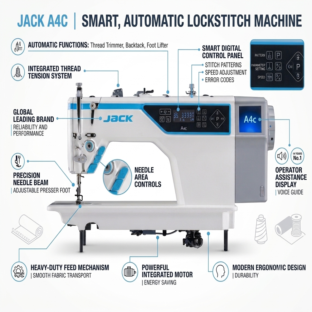 Jack A4C Digital Thread Nipper Automatic Lockstitch Industrial Sewing Machine