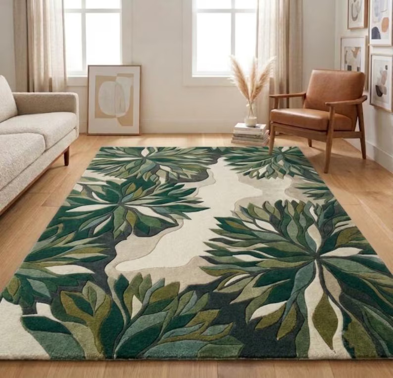 Modern Botanical Green Area Rug Hand Tufted Wool Carpet For Living Room Home Decor