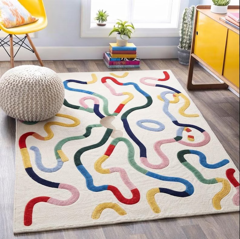 Colorful Abstract Hand Tufted Wool Area Rug Modern Artistic Contemporary Living Room Carpet