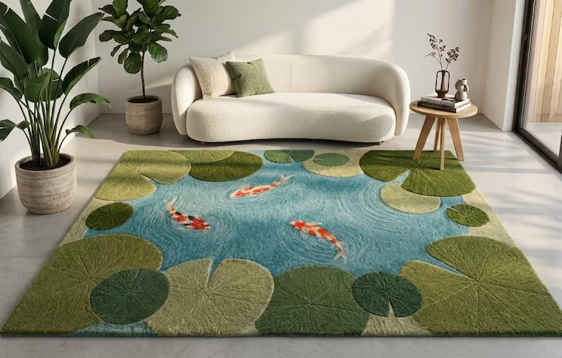 Handtufted Koi Fish Pond Rug Japanese Zen Style Area Rug