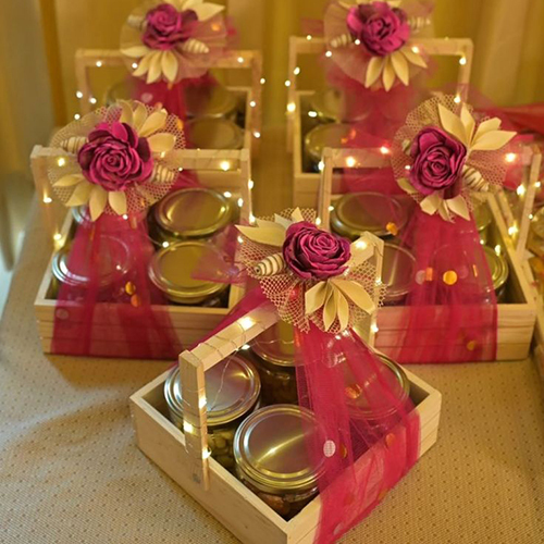 Pinewood Baskets - Color: Natural Wood Color With Pink And Gold Decorative Accents