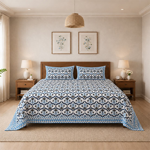 Aasira Blue Floral Print Queen Size Bedsheet for Double Bed with 2 Pillow