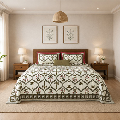 Jaipuri Hand Block Printed Queen Size Bedsheet Set