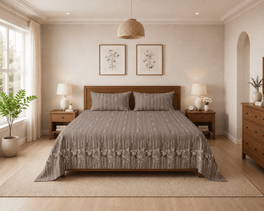 Printed Double Bedsheet With 2 Pillow Covers 90Inch X 100 Inch - Color: Beige