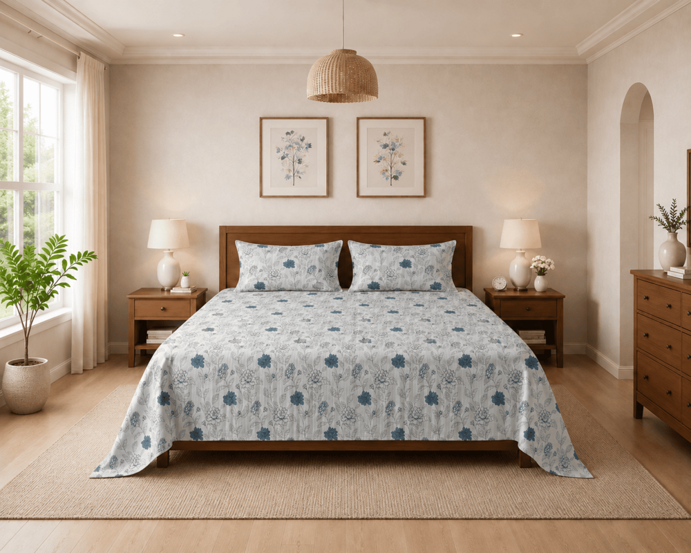 Floral | Double Bedsheet With 2 Pillow Covers | 90Inch X 100 Inch - Color: Blue