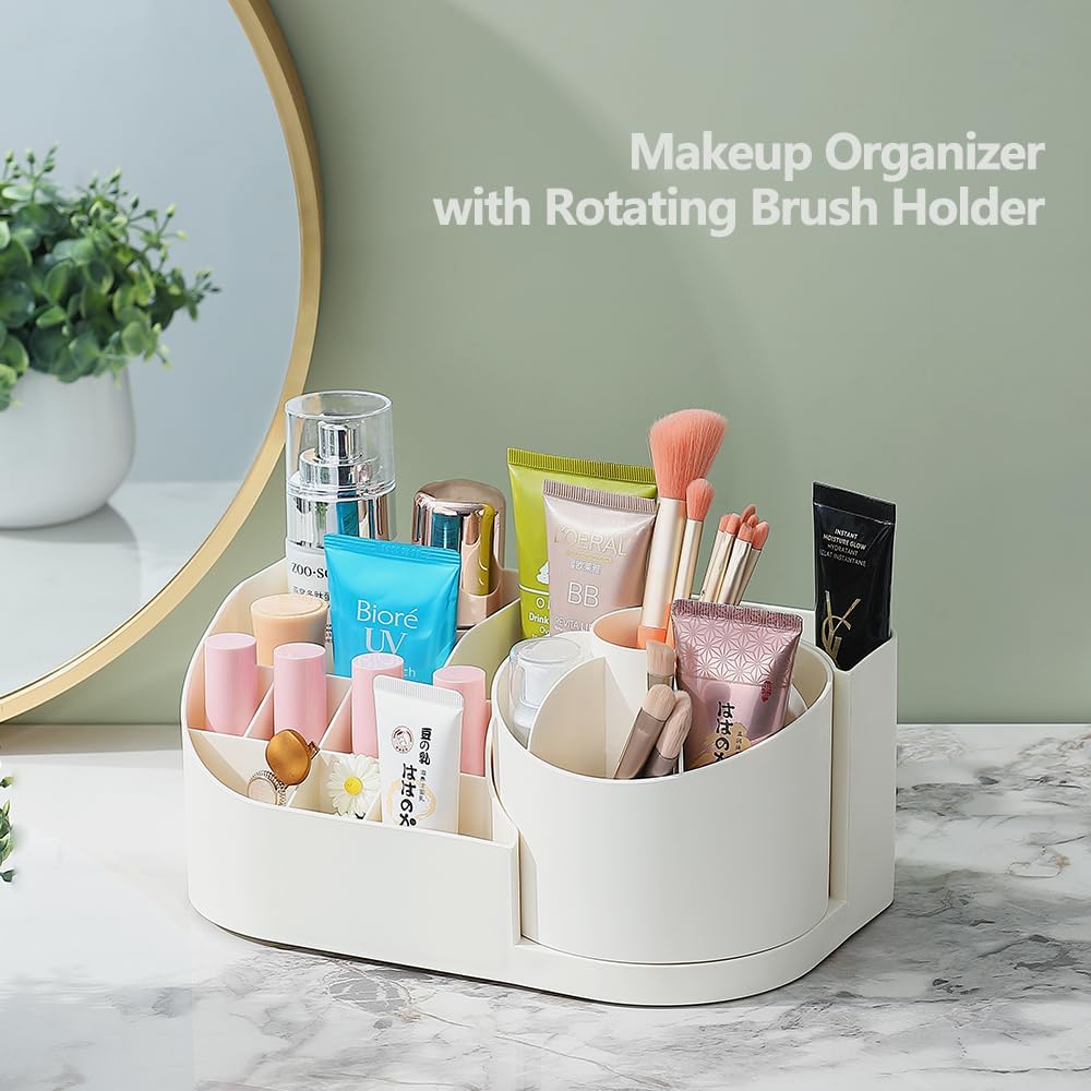 MAKEUP ORGANIZER WITH 360 ROTATING BRUSH HOLDER