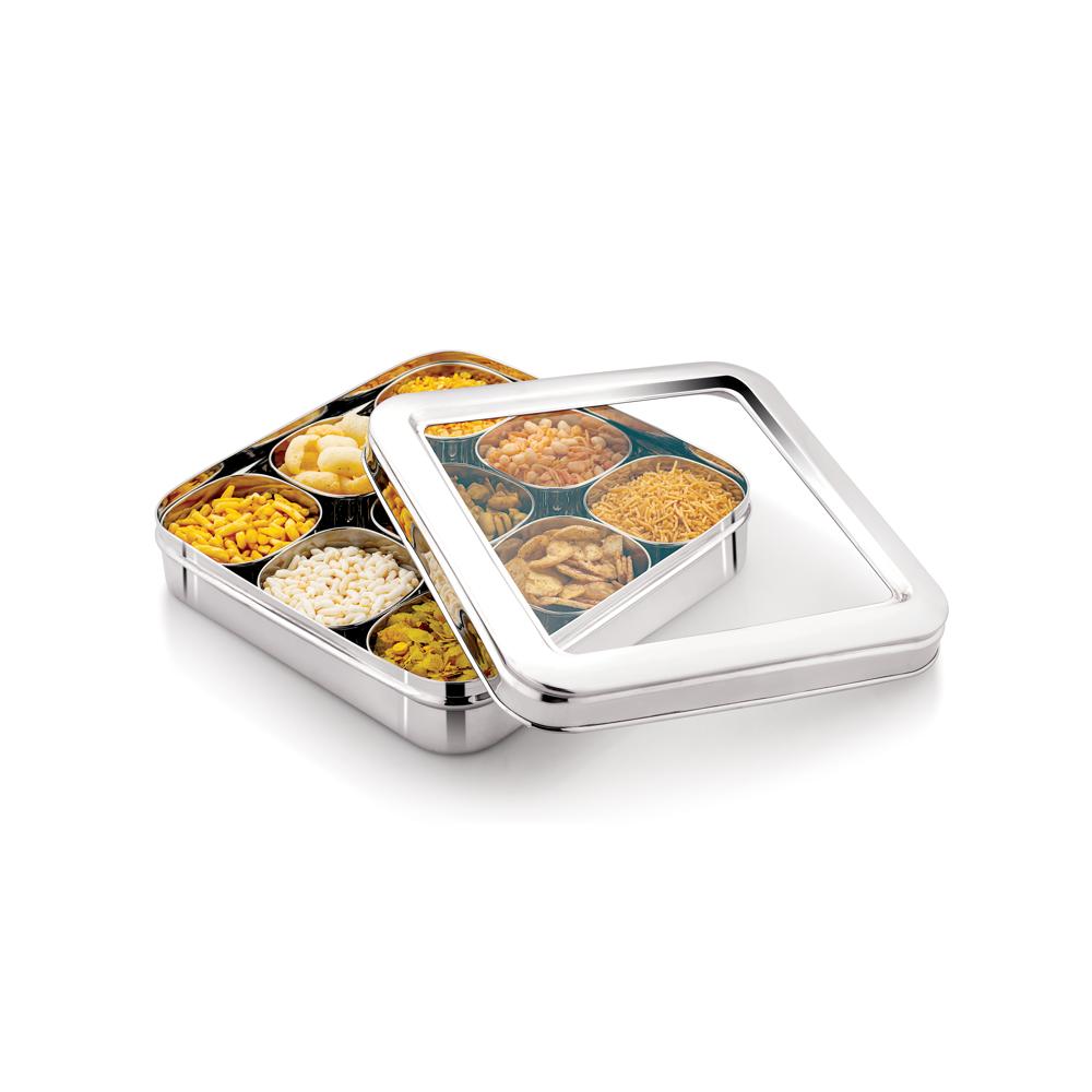 STAINLESS STEEL ACURA  9 IN 1 DRYFRUITS  MASALA BOX SEETHRU (SQUARE VATI DEEP)