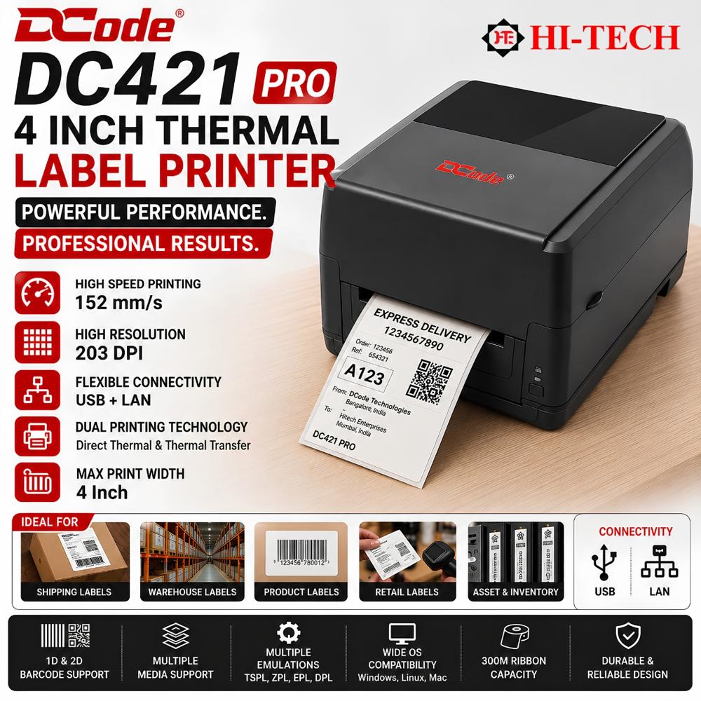 Dcode DC421 Pro 4 Inch Thermal Transfer Label Printer | Barcode & Shipping Label Printer