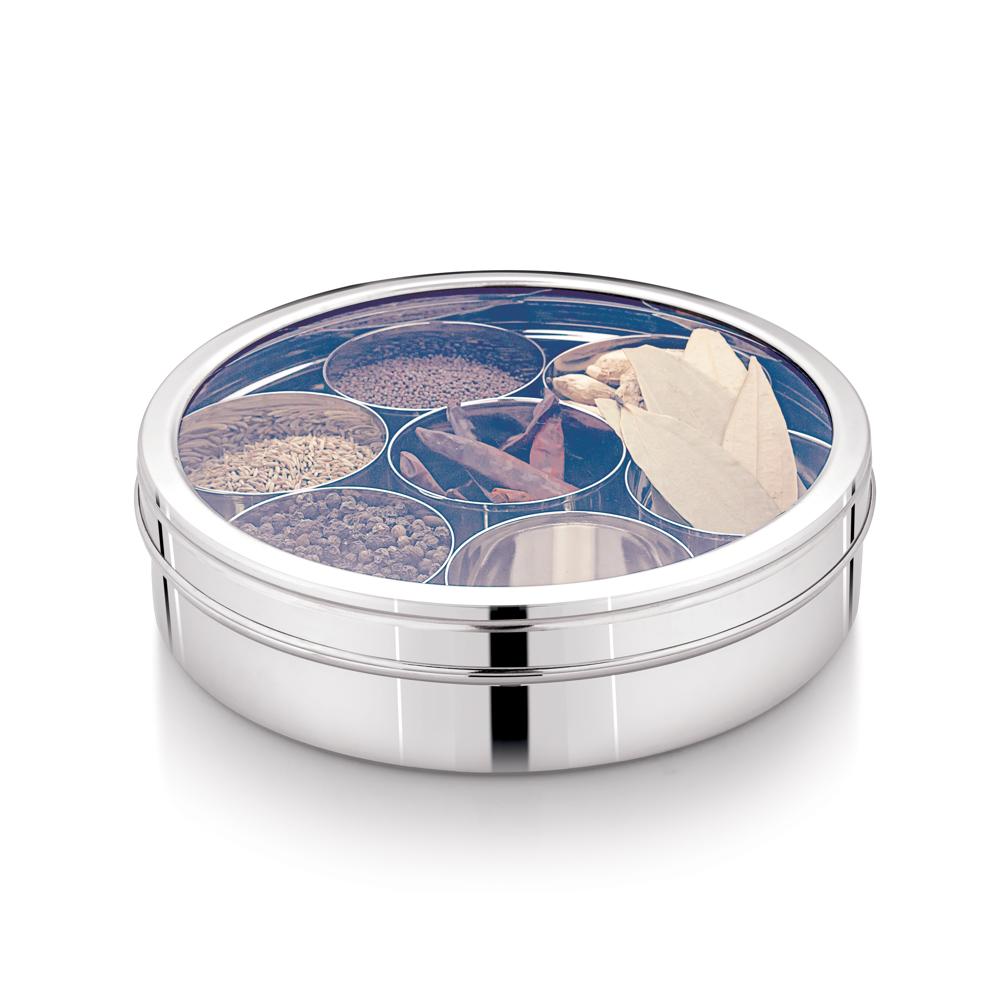 STAINLESS STEEL LEXUS MASALA BOX SEE THRU (ROUND)  SLIM