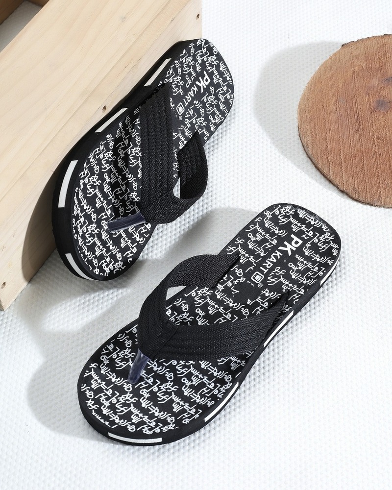 Mens Black White Printed Casual Flip-Flops