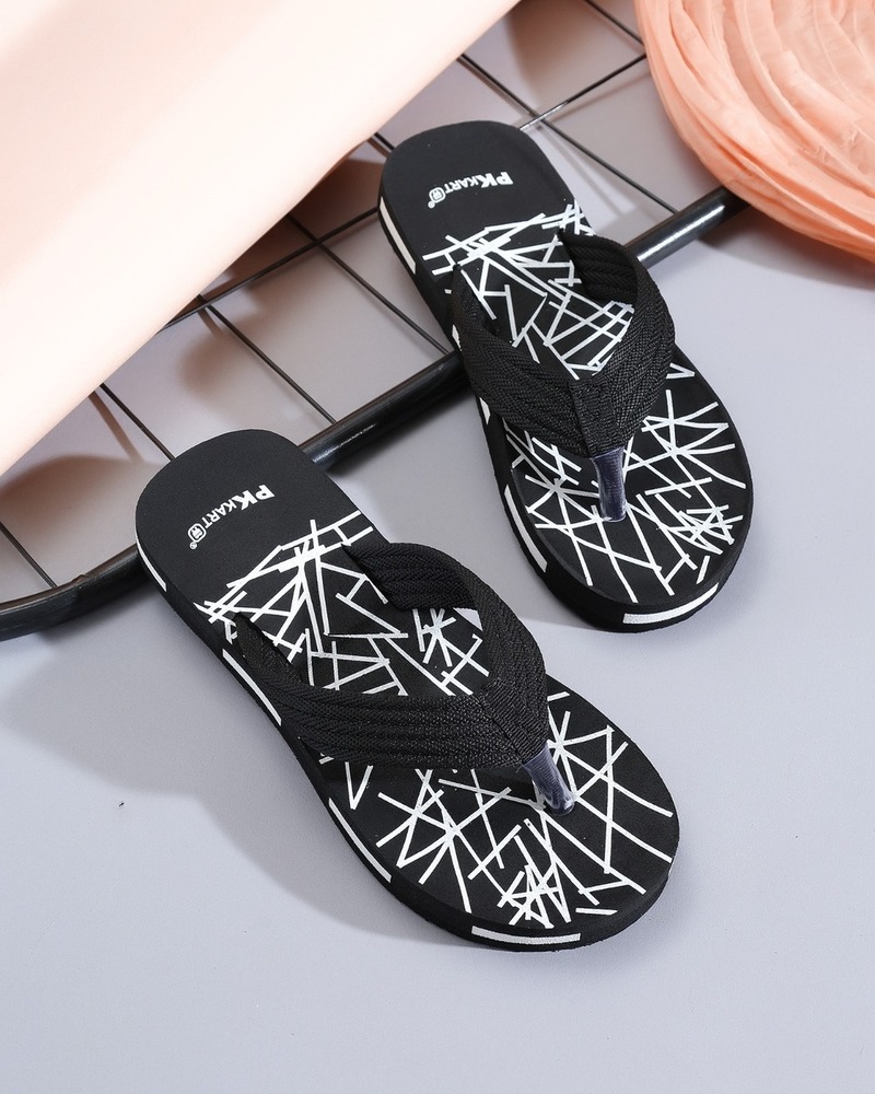 Black Geometric Line Printed Thong Flip-Flops