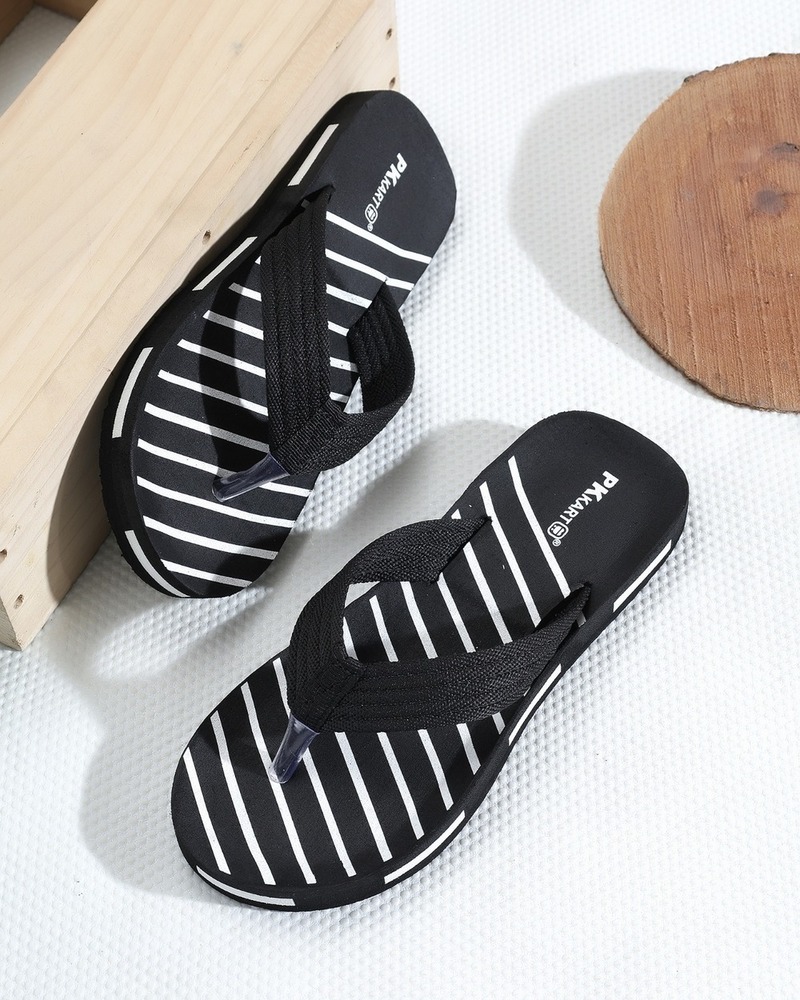 Black White Striped Footbed Thong Flip-Flops