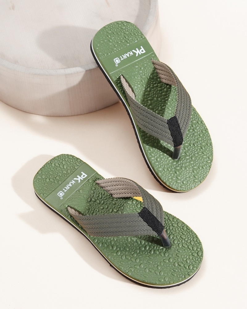 Olive Green Textured Sole Fabric Strap Flip-Flops
