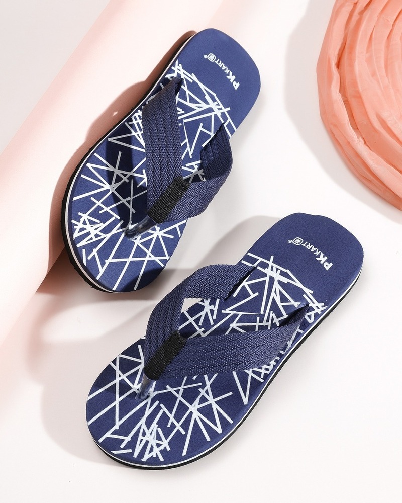 Navy Blue Geometric Line Printed Thong Flip-Flops