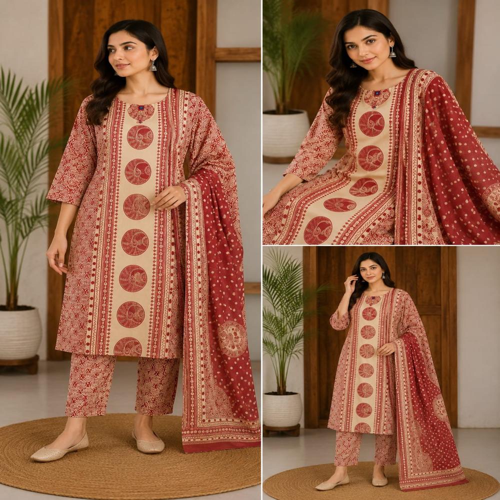 Jaipuri Cotton Kurta Pant Dupatta Set for Women