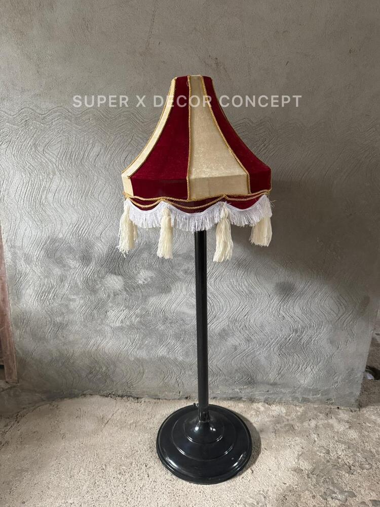 Fabric Lamp - Color: Deep Red And Beige With White Tassels