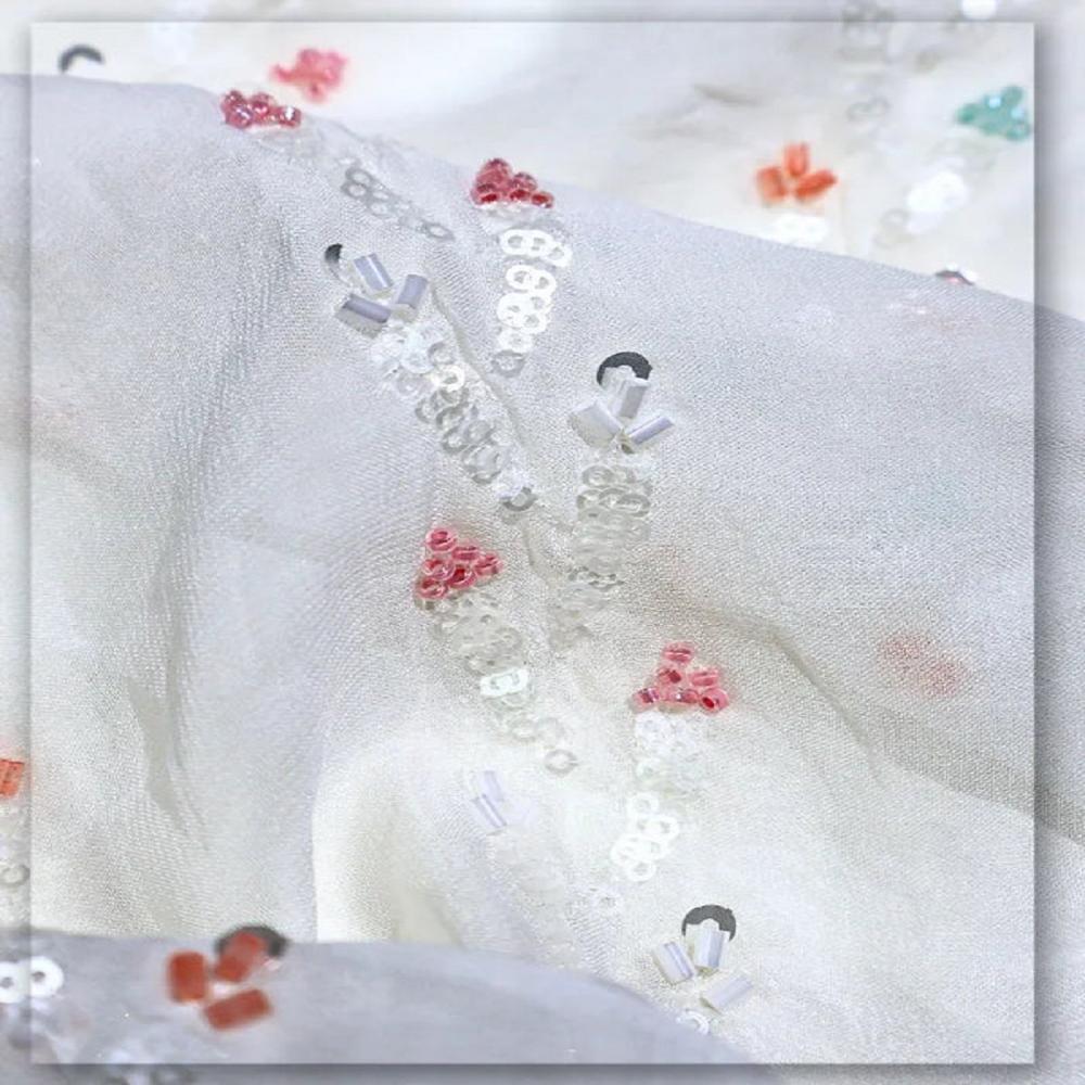 White Georgette Bead & Sequin Bridal Lehenga Fabric Manufacturer & Supplier