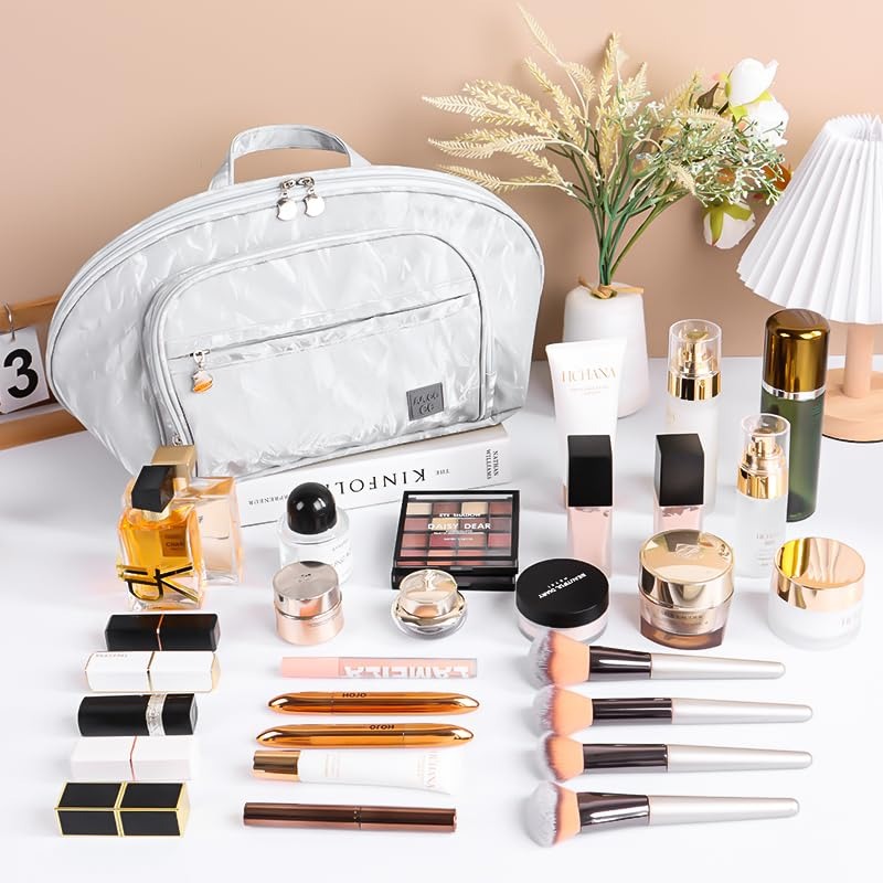 Premium CosmeticToiletry Bag Set Pink and Silver Travel Makeup Organizer for Women