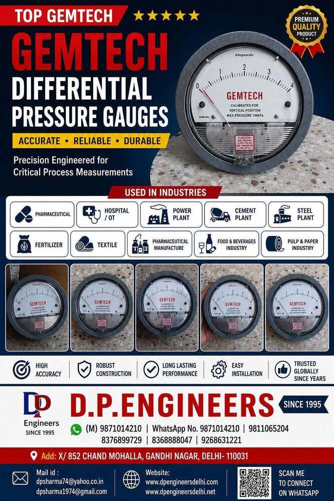 GEMTECH Differential Pressure Gauge Near Chand Mohalla Delhi  D.P. Engineers supplies