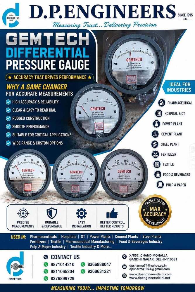 GEMTECH Differential Pressure Gauge Near Chand Mohalla Delhi  D.P. Engineers supplies