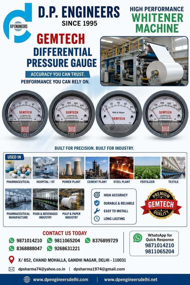 GEMTECH Differential Pressure Gauge Near Chand Mohalla Delhi  D.P. Engineers supplies