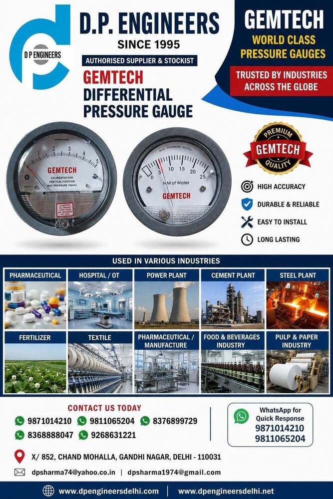 GEMTECH Differential Pressure Gauge Near Chand Mohalla Delhi  D.P. Engineers supplies