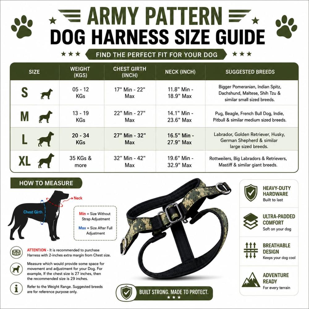 Dog Hraness Body Belt Padded Army Pattern