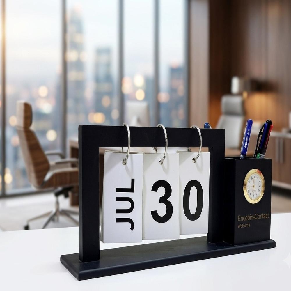 Wooden Stand Table Calendar with watch