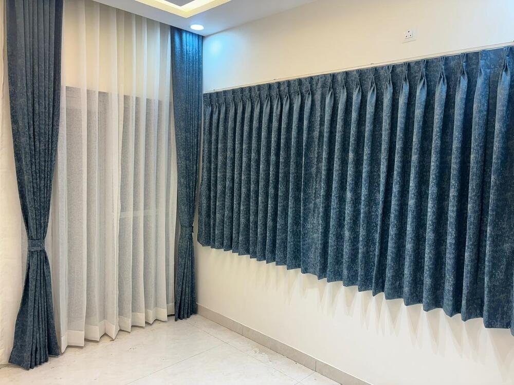 Blue Textured Pleated Curtains
