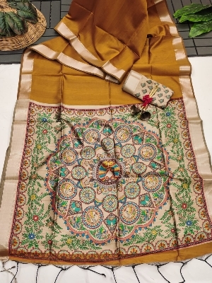 Soft Khadi Raw Silk Saree With Madhubani Hand Print | Zari Weaving Temple Border | Printed Blouse | Premium Festive Saree Wholesale