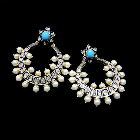 पर्ल टर्कॉयज़ रोज़ कट हीरा बालियों का जोड़ा