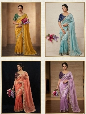 Satin Silk Sequence And Zari Embroidery Saree - Color: 4
