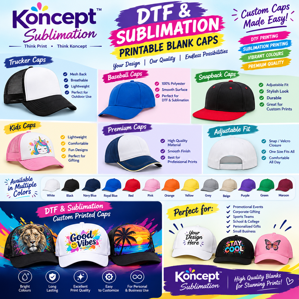 Sublimation Cap - Lightweight Polyester, Free Size, White Matte | Adjustable Velcro Strap, Double Stitching, Ventilated Panels