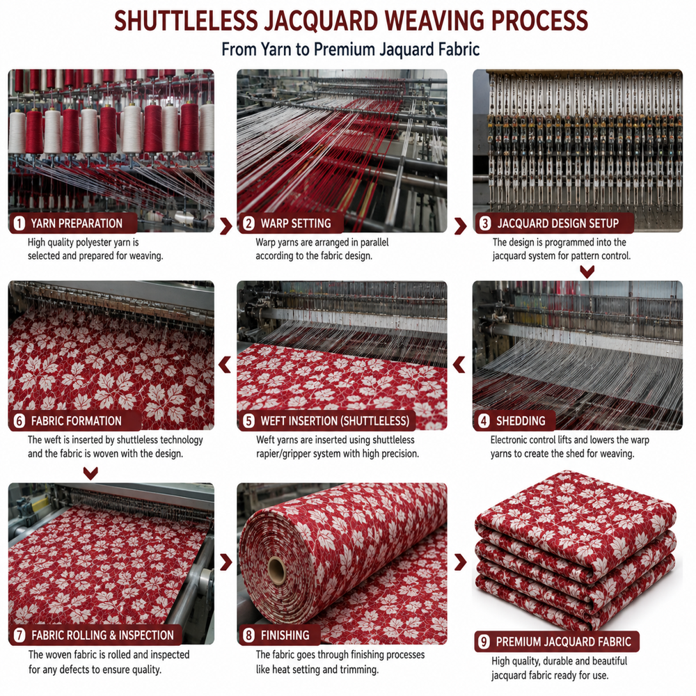 Maroon Polyester Jacquard Fabric
