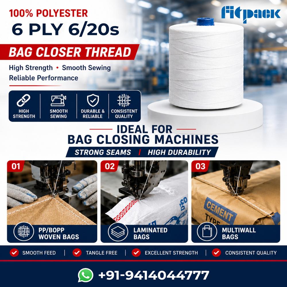 Fitpack 100% Polyester 6 Ply 6/20s High Tensile Industrial Bag Closer Thread Cone