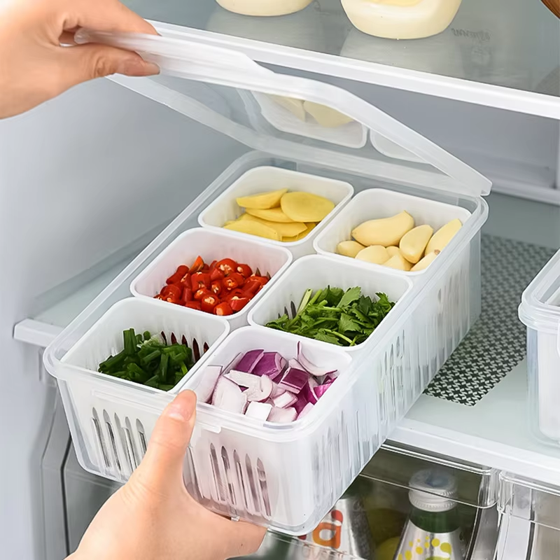 Plastic Fridge Container 6 Grid Refrigerator Storage Box With Draining Baskets - Features: . You Can Store Green Onions