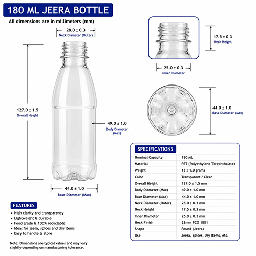 180Ml Jeera Pet Bottle - Capacity: 180 Ml