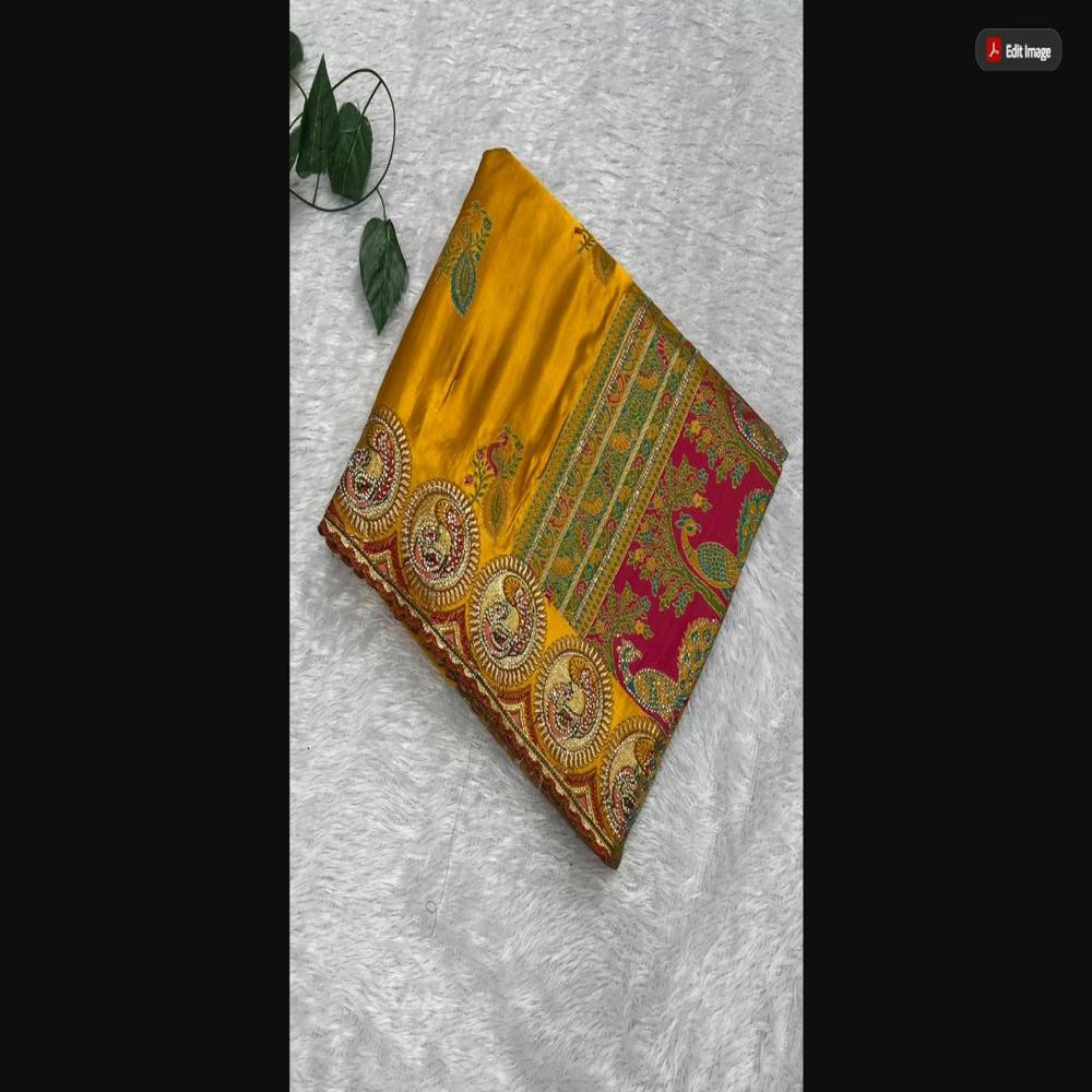 Mustard Yellow Satin Saree With Heavy Embroidery, Swarovski & Zarkhan Work - Occasion: Party Wear