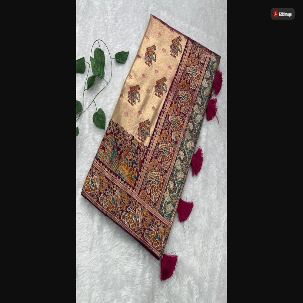 Rose Gold Tissue Saree With Tribal Print & Swarovski Work - Color: Wine