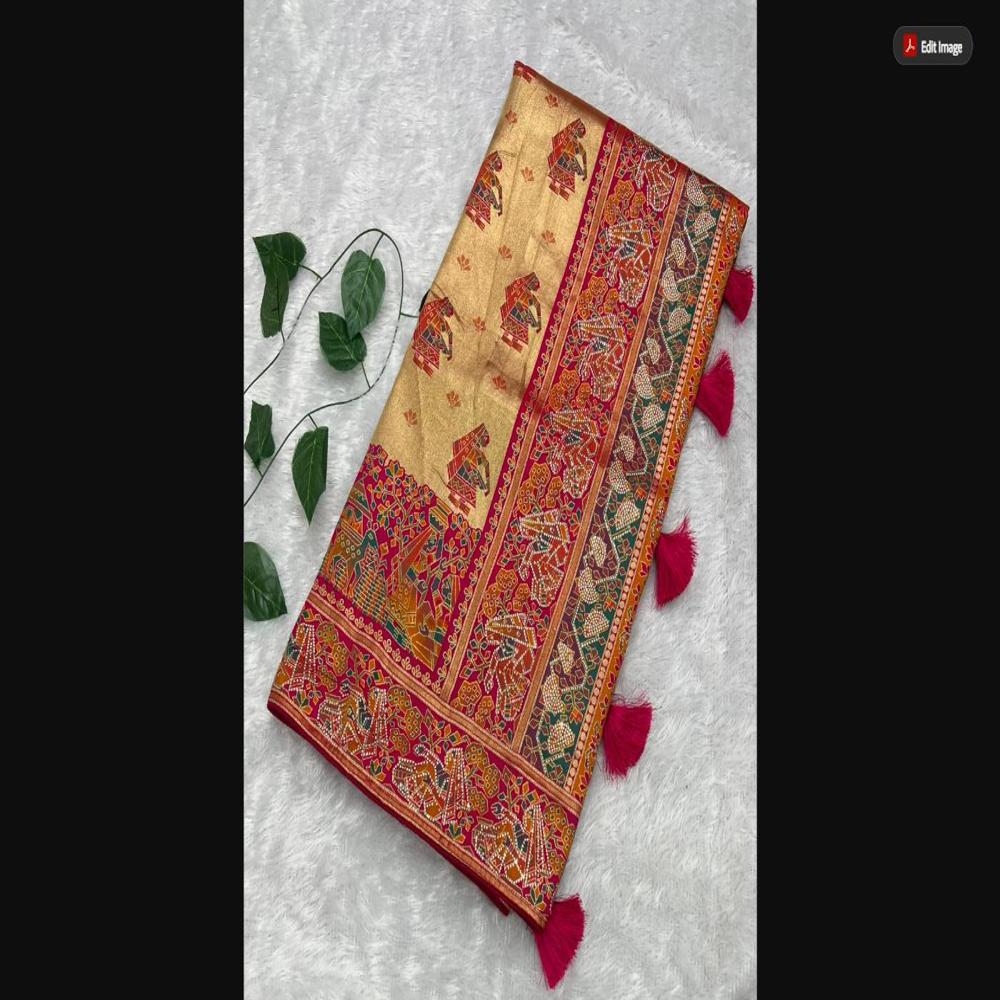 Rani Pink Gold Tissue Saree With Tribal Print & Swarovski Work - Occasion: Party Wear