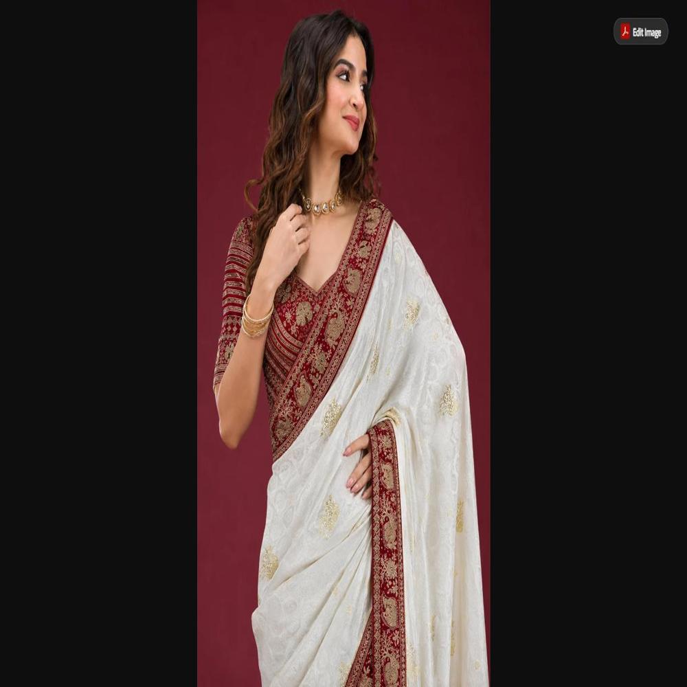 Red White Viscose Satin Zarkhan Saree With Stitched Designer Blouse - Occasion: Party Wear