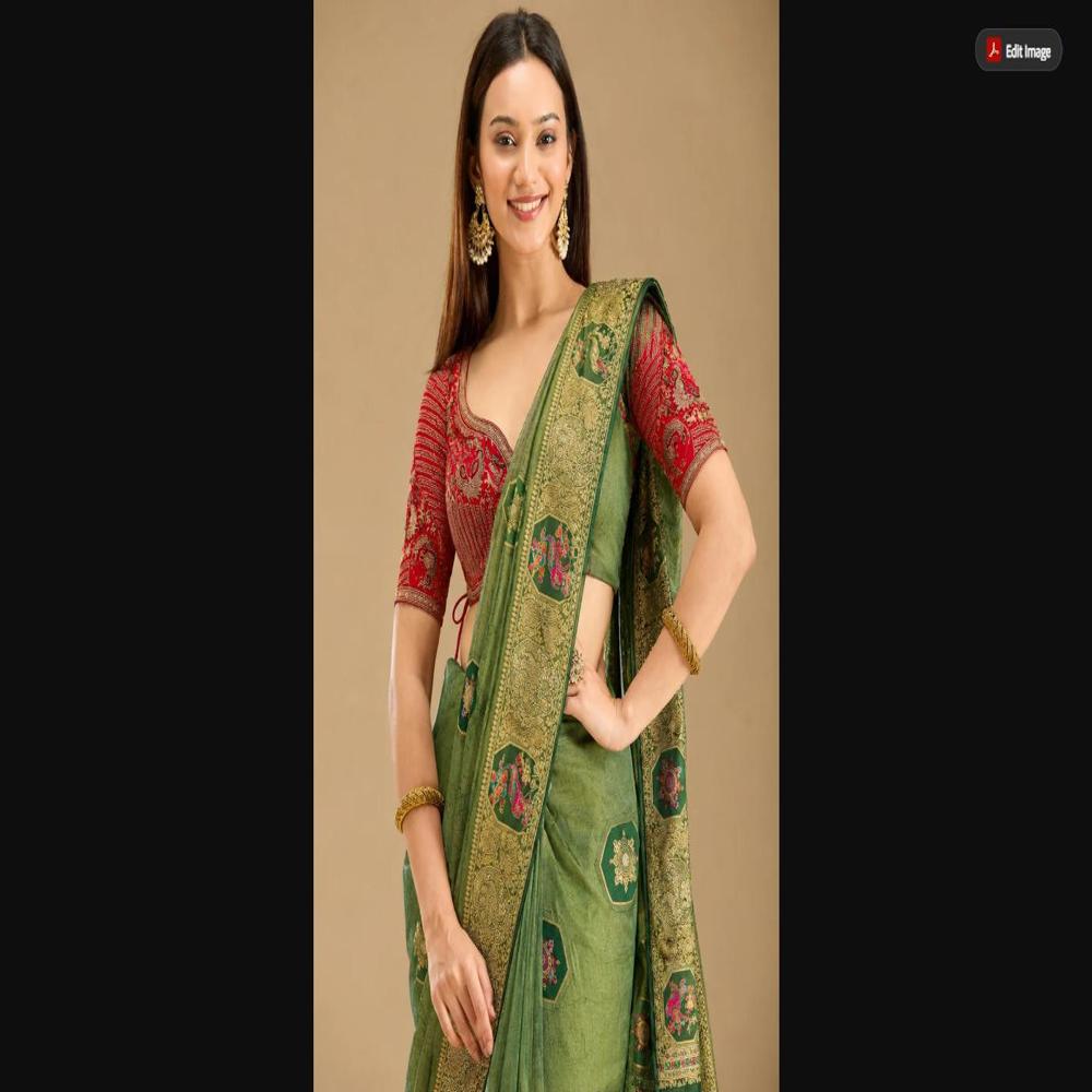 Bottle Green Viscose Satin Saree With Zarkhan Weaving & Stitched Blouse - Occasion: Party Wear
