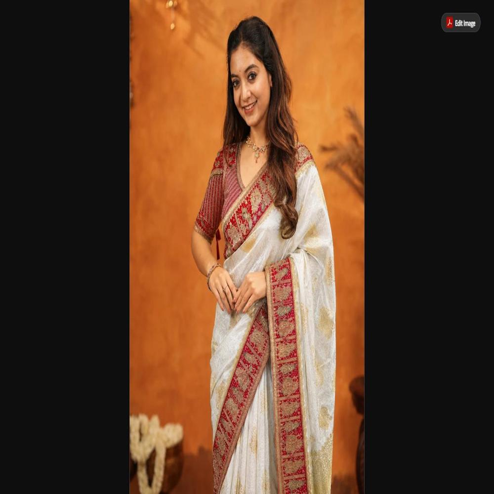 Ivory Ruby Viscose Satin Saree With Zarkhan Pallu & Stitched Blouse - Occasion: Party Wear