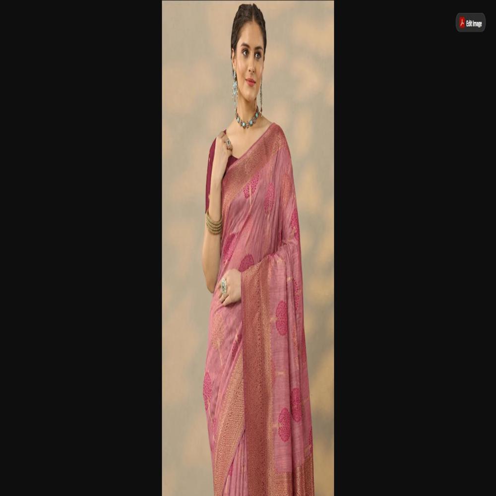 Dusty Rose Cotton Saree With Tree Motifs & Gold Zari Border - Occasion: Party Wear